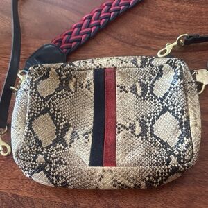 Clare V Snake-Print Crossbody with Black & Red Center Stripe